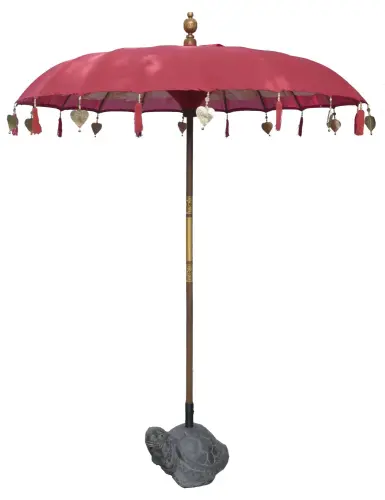 Product image of the product “Bali umbrella, Red with wooden coins and gold leaves hanging around the edge. Approx. 190cm dia. and 250cm height ”